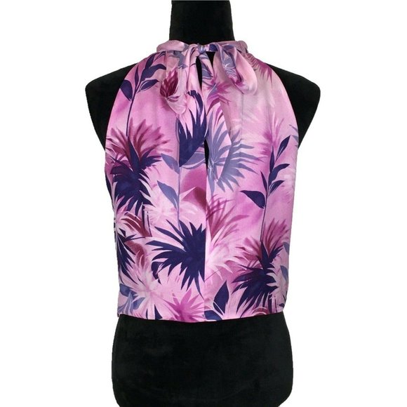 NEW Juliana Collezione 8 Silk Crop Top Pink Purple Tropical Forest Bow Tie Mock - Picture 4 of 7